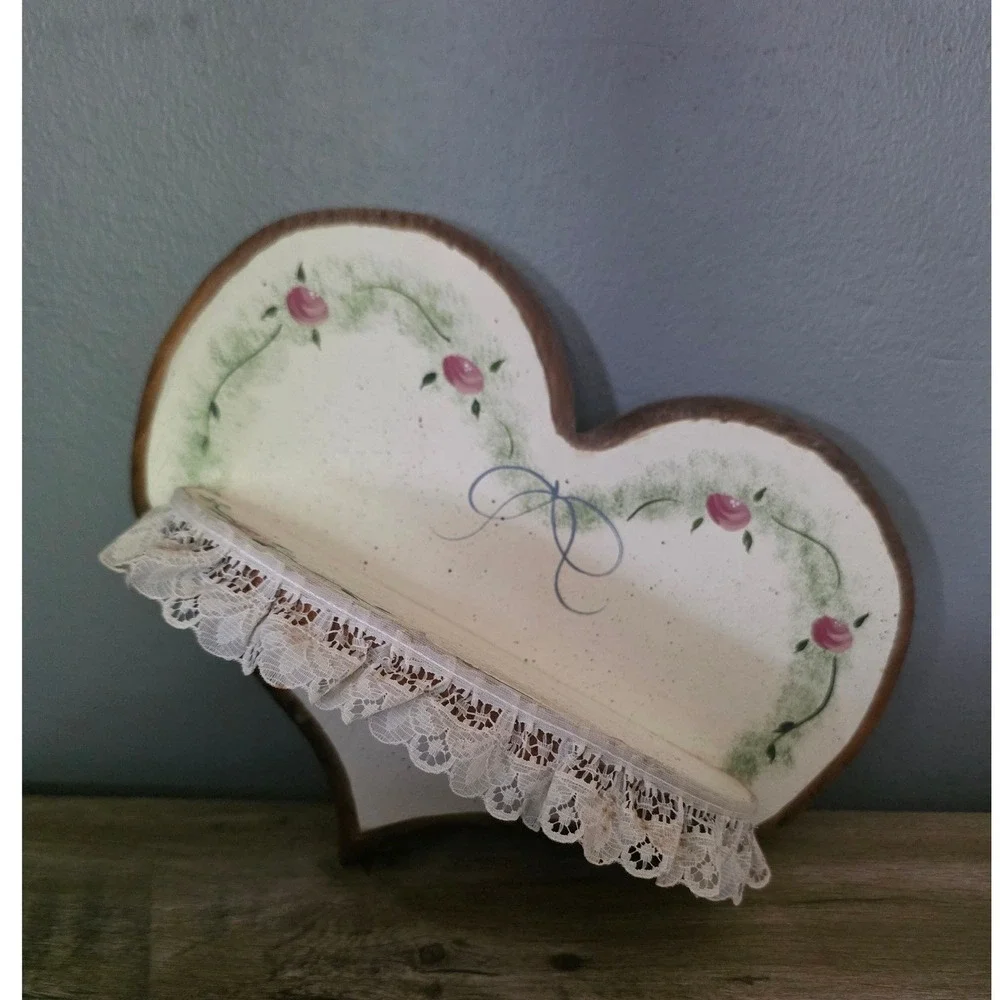 Vintage Cottagecore Wooden Heart Wall Shelf Hand Painted Roses Lace Trim 11x9